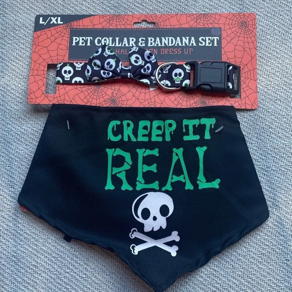 Creep it Real Dog Matching Collar Bandana Set NWT L/XL Black Skull Gift